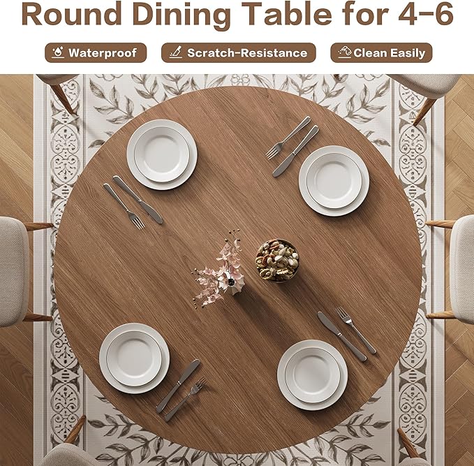 Round Dining Table for 4-6 People, 43.3 Inch Circle Kitchen Table with Sturdy Legs & Adjustable Foot Pads, Modern Farmhouse Dinner Table for Dining Room and Apartment, Walnut