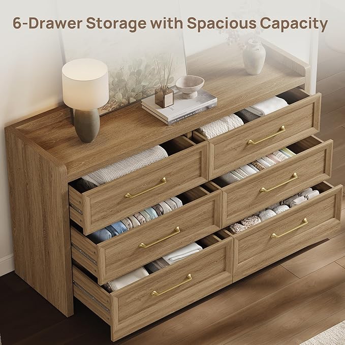 SICOTAS 6 Drawer Dresser for Bedroom-56.4" Extra-Wide Wooden Chest of Drawers with Large Storage, Long Dresser TV Stand with Drawers, Mid Century Modern Closet Dressers for Nursery, Brown Oak