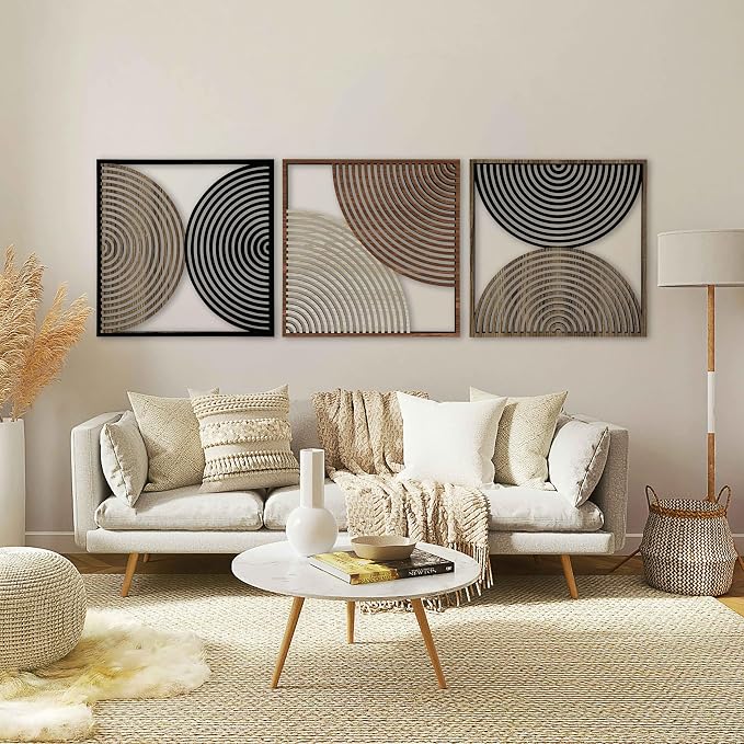 Boho Mid Century Wood Wall Art Set of 3, Abstract Geometric Wooden Wall Decor, Modern Decorative Panels, Large Home Accents Gift for Living Room and Bedroom
