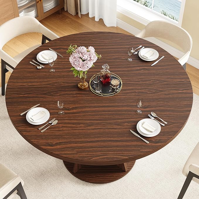 iPormis 47 Inch Round Dining Table for 4-6 People, Wooden Dining Room Table with Pedestal Base, Modern Kitchen Table for Apartments, Dining Room, Kitchen or Living Room, Dark Walnut, Table Only
