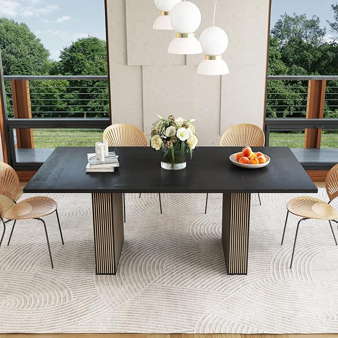 78 Inch Rectangular Dining Table for 6 to 10, Farmhouse Fluted Dining Kitchen Table, Modern Wood Long Dining Table for Kitchen Living Room, Black