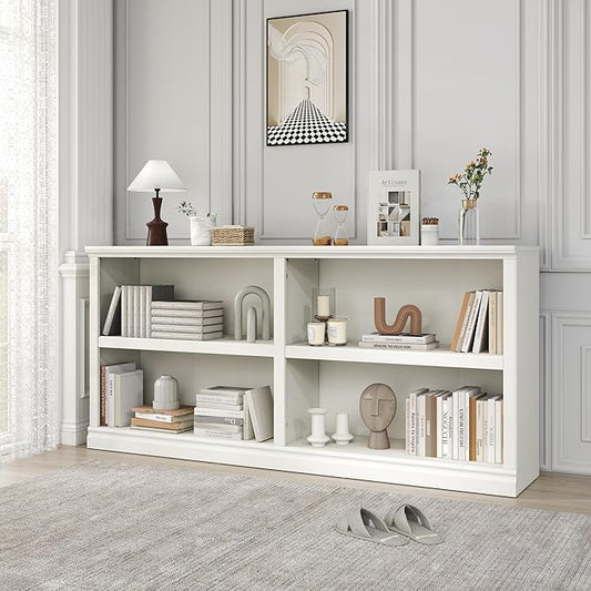 Bevfint Double Wide Open Shelf Bookcase - 2 Tiers 4 Storage Cube Adjustable Space Book Case, Display Cabinet Organizer with Bookshelf, 64.8 inch Width Indoor Furniture for Home Library Office, White
