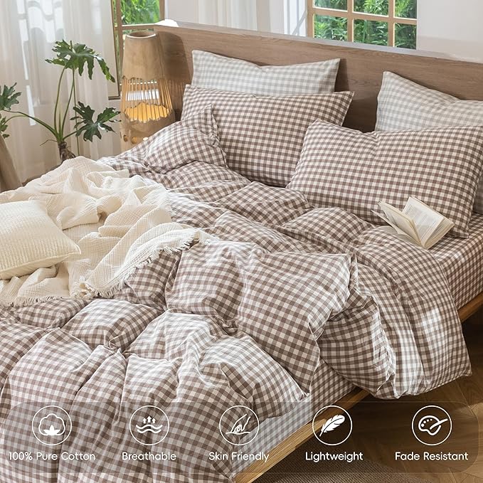 MooMee Gingham Duvet Cover Set 100% Washed Cotton Linen Like Textured Breathable Durable Soft Comfy Modern Checkered Design (Brown Gingham, Oversized Queen 98"x98")