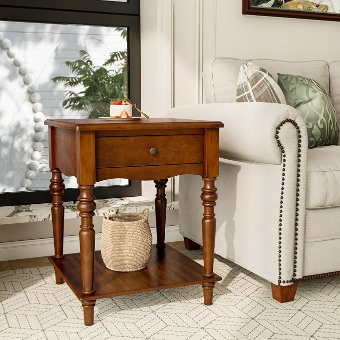 Solid Wood End Table with Drawer and Storage Shelf, Antique Designed Beside Table with Solid Wood Roman Legs, Square Accent Tables with Hand Carved for Living Room, Bedroom Cherry Brown