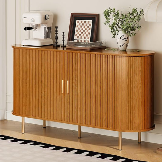 DHH Sideboard Buffet Cabinet with Storage,Mid Century Modern Fluted Accent Coffee Bar Console Table,Tambour Sliding Doors& Adjustable Shelf for Kitchen, Living Room, Entryway(Yellow Walnut 55 Inch)