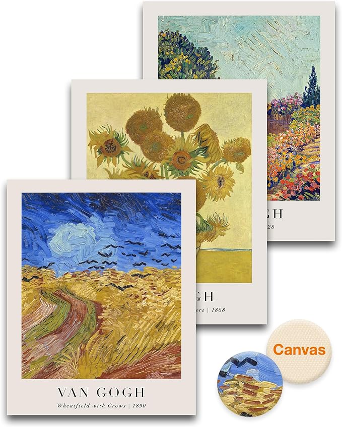 HesenDot Unframed Vincent Van Gogh Wall Art Prints Set of 3, 12x16in Classic Post-Impressionist Posters, Wheatfield and Sunflowers Canvas Print, Vintage Oil Painting Home Decor for Bedroom Living Room, Unframed