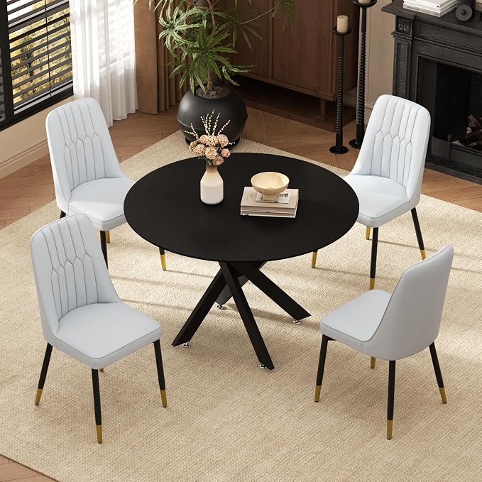 RGZ Mid Century Black Round Dining Table Set for 4, 36" Small Wooden Circle Kitchen Table & 4 Light Gray PU Leather Kitchen Chairs, Dinner Table Set for Home, Apartment, Dining Room