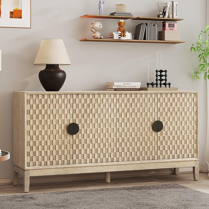 Buffet Cabinet with Storage, Distressed Storage Cabinet with 4 Carved Doors and Adjustable Shelf, Wooden Accent Sideboard Buffet Cabinets for Kitchen, Living Room, Entryway, Light Brown