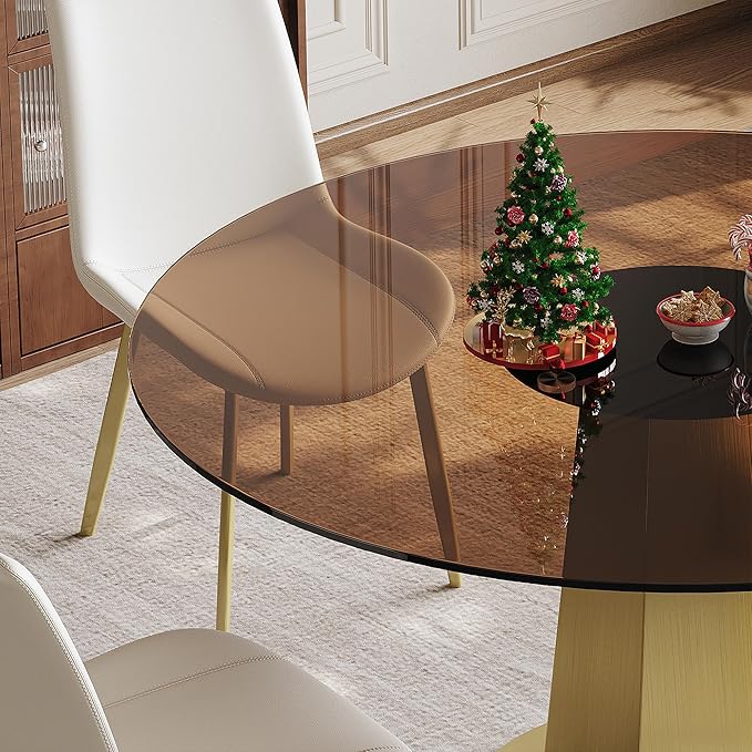 Montary 53 inch Luxury Round Dining Table with Smoked Glass Top, Modern Kitchen Table for 4-8 People, Gold Stainless Steel Base & Easy Assembly, Space Saving Breakfast Table for Apartments