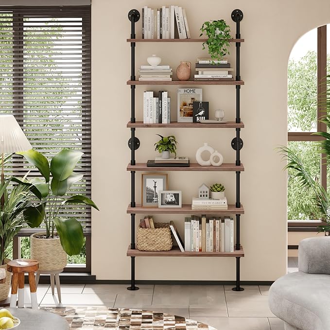 6 Tier Industrial Ladder Shelf Bookcase, Wall Mounted Rustic Bookshelf for Living Room Decor and Storage (Weathered Brown, 6 Tier - 10" D x 36" W x 82.5" H)