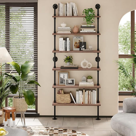 6 Tier Industrial Ladder Shelf Bookcase, Wall Mounted Rustic Bookshelf for Living Room Decor and Storage (Weathered Brown, 6 Tier - 10" D x 36" W x 82.5" H)