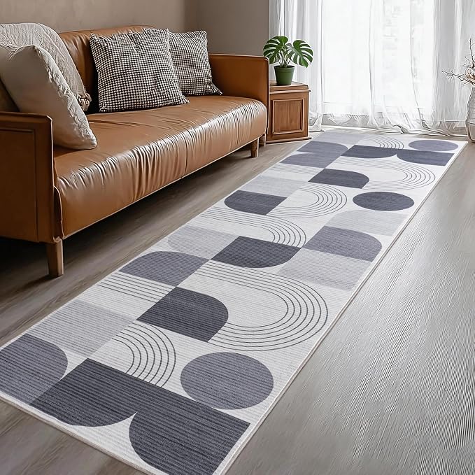 Machine Washable 2.7x8 Runner Rug, Soft Modern Geometric Abstract Grey Rugs for Bedroom Living Room, Non-Shedding Faux Wool Indoor Throw Floor Carpet for Office Entryway Dining Room Decor