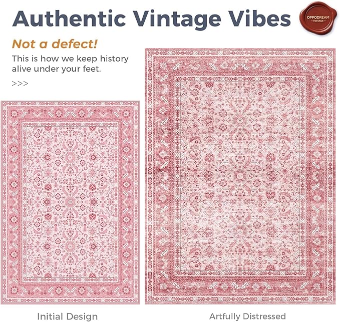 OPPODREAM Vintage Pink Round Rug 4ft, 4 ft Retro Washable Circle Rug Non Slip, Low-Pile Faux Wool Circular Carpet, Distressed Floor Mat for Living Room, Bedroom, Office, Dorm, Dinning Room