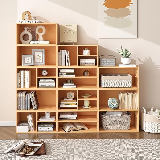 3 Cube Organizer Bookcase, Expandable Storage Shelves, Wooden Open Shelving Unit Book Shelf for Living Room, Office, Bedroom, Mid-Century Style Wood Furniture, Beech Color (1 Set)