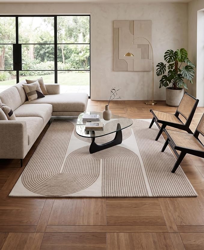Modern Handmade Wool Area Rug, Abstract Curved Line Geometric Indoor Carpet for Living Room Bedroom, Contemporary Tufted Rug with Soft Pile and Cotton Backing (Sand Beige, 8' x 10')