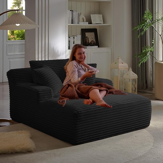 50" Oversized Chaise Lounge Chair Indoor, Corduroy Sleeper Sofa Bed with 3 Pillows & Armrests, Spring Cushion Lazy Chair for Living Room Apartment, Black