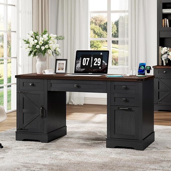 Squireewo 58'' Farmhouse Home Office Desk with Drawers, Wooden Executive Desk with Charging Station, File Drawers and Storage Cabinet, Computer Desk for Work, Study and Writing, Black