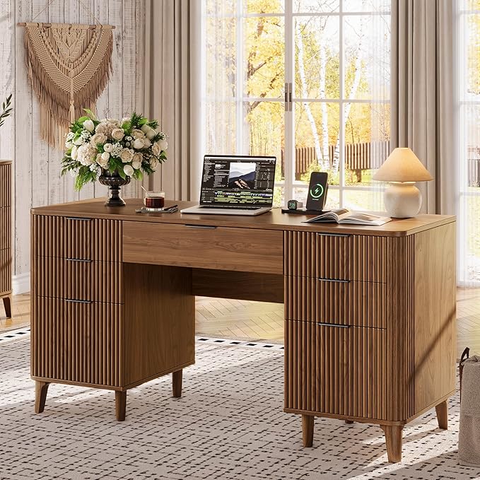 55.1" Fluted Executive Desk with Drawers, Wood Computer Desk with Storage Cabinet, Home Office Desk with Charging Station, Farmhouse Desk with File Cabinet for Office Home (Walnut)