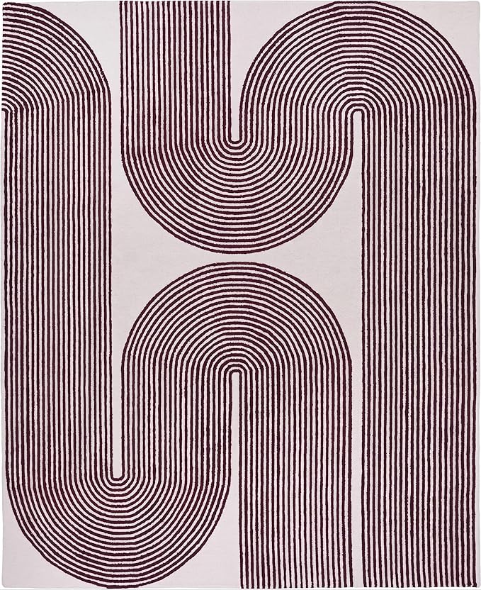 Modern Handmade Wool Area Rug, Abstract Curved Line Geometric Indoor Carpet for Living Room Bedroom, Contemporary Tufted Rug with Soft Pile and Cotton Backing (Deep Plum, 5' x 8')