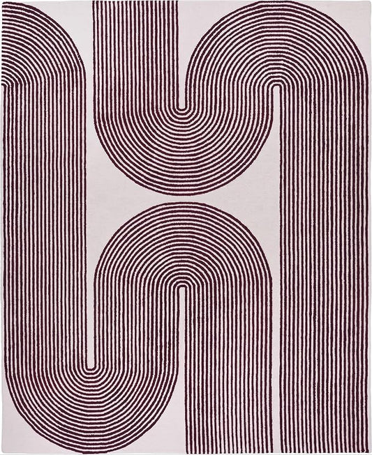 Modern Handmade Wool Area Rug, Abstract Curved Line Geometric Indoor Carpet for Living Room Bedroom, Contemporary Tufted Rug with Soft Pile and Cotton Backing (Deep Plum, 8' x 10')