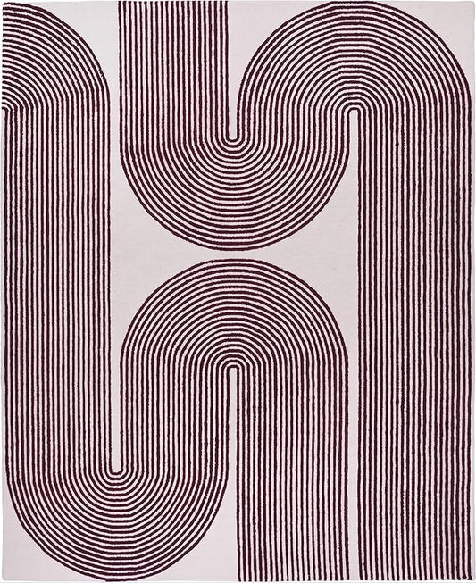 Modern Handmade Wool Area Rug, Abstract Curved Line Geometric Indoor Carpet for Living Room Bedroom, Contemporary Tufted Rug with Soft Pile and Cotton Backing (Deep Plum, 6' x 8')