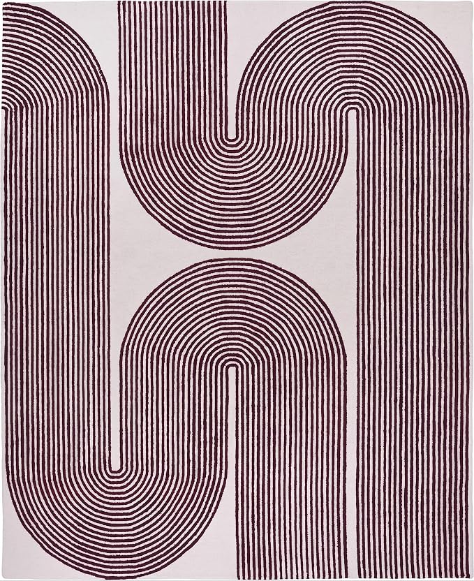Modern Handmade Wool Area Rug, Abstract Curved Line Geometric Carpet for Living Room Bedroom, Contemporary Tufted Indoor Rug with Soft Pile and Cotton Backing (Deep Plum, 5' x 7')