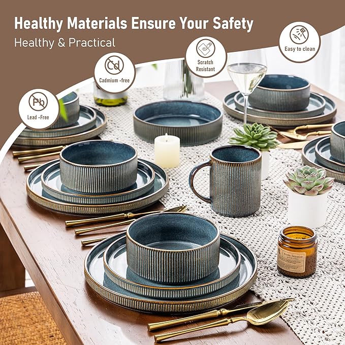 GBHOME 24-Piece Stoneware Dinnerware Set for 8 – Ribbed Ceramic Plates and Bowls, Scratch-Resistant, Microwave & Dishwasher Safe, Reactive Glaze, Deep Ocean
