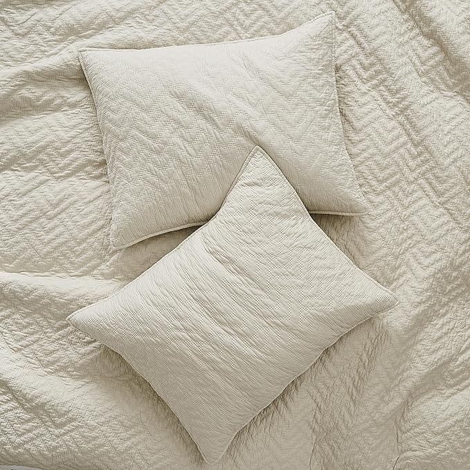 palassio Beige 100% Cotton Quilt Queen Size Bedding Sets with 2 Pillow Shams, Lightweight Textured Farmhouse Country Bedspread Soft Shabby Chic Patterned Coverlet for All Season, 3 Pieces