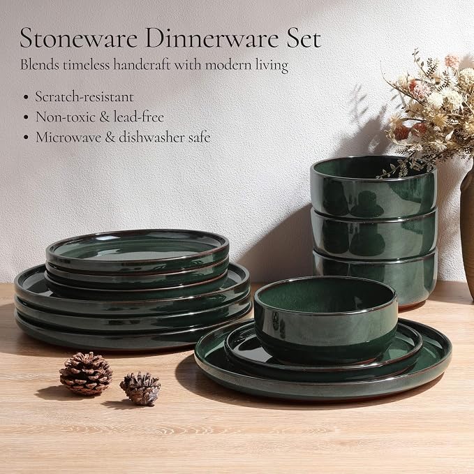 E-far Stoneware Dinnerware Sets for 2, 6 Pieces Reactive Glaze Plates and Bowls Sets, Elegant Dishes with Rustic Terracotta Base, Dishwasher & Microwave Safe, Scratch Resistant, Blackish Green