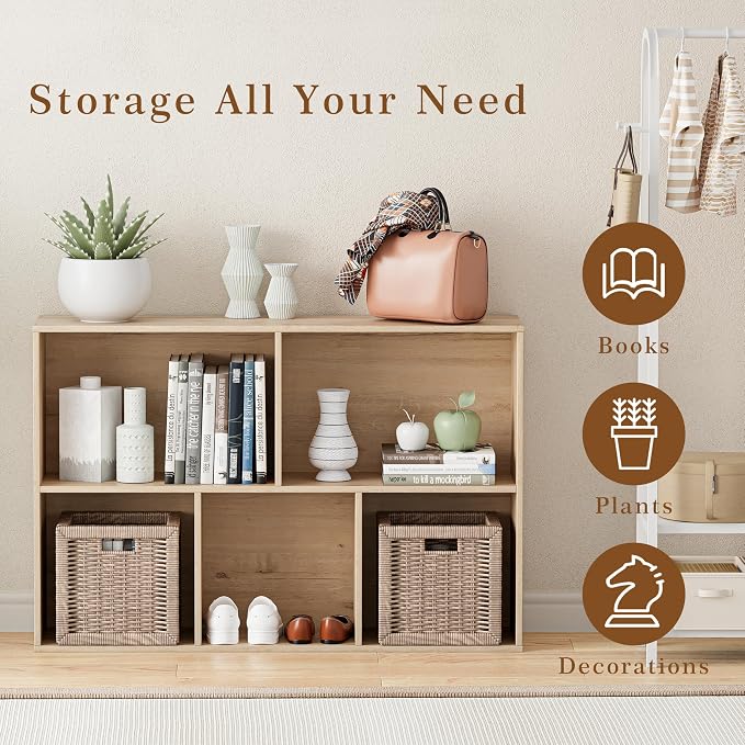 VDNEND Wooden Cube Storage Organizer with Closed Back Panel, 11in Cube Shelf Opening, Bookshelf, Display Shelf,Closet Cabinet for Home and Office (White Oak, 5-Cube 35.98L*9.45W*24.09H)