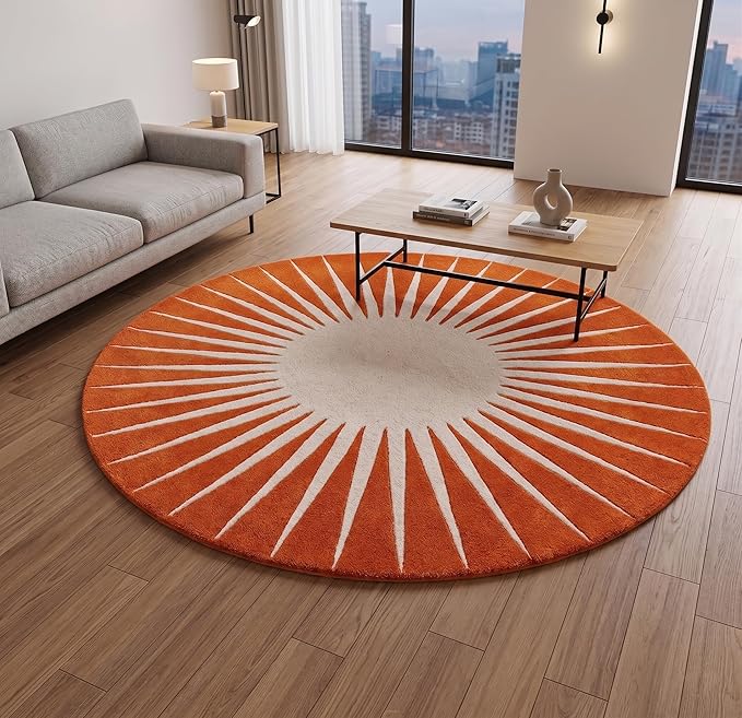 Restoration and Renovation Modern Round Area Rug – Hand-Tufted with 100% NZ Wool, Thick & Soft Circular Carpet for Living Room, Bedroom & Dining Room Decor (Orange, 6' Round)