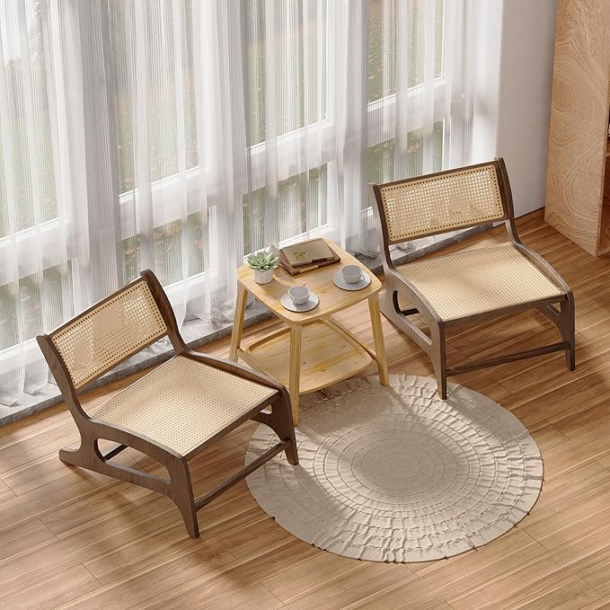Chogori Mid Century Modern Wooden Lounge Chair Armless Rattan Accent Chair Lightweight Boho Style Seating Comfortable Single Chair for Living Room, Bedroom, or Patio (Walnut, Set of 2)