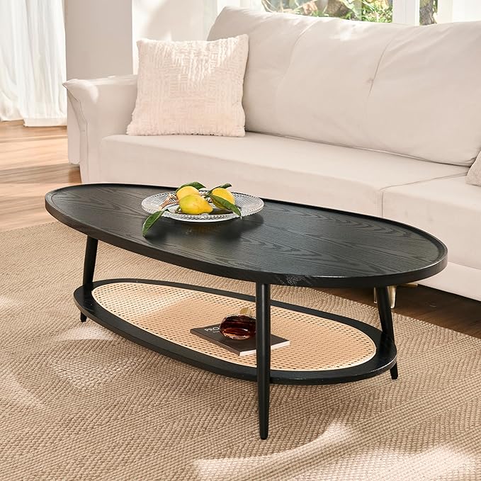 Shrine Oval Wood and Rattan Coffee Table, Mid-Century Modern Coffee Table, Two-Tier Black Walnut Table for Living Room, D47.2''x W25''x H15.3'', Walnut Wood Top and Woven Rattan Base