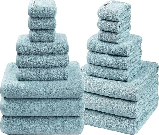 SEMAXE Bath Towel Set, 18 Piece Towel Set for Bathroom, Large Value Pack, Quick Dry Cotton Towels with Hanging Loops, Easy Care, Blue