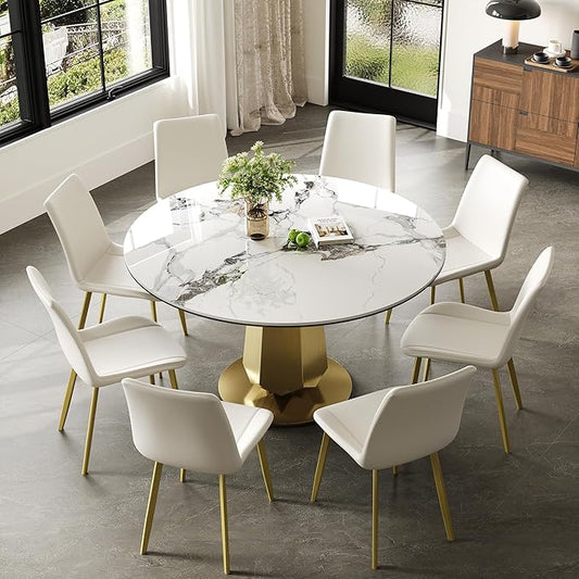 Montary 53 inch Luxury Round Dining Table Set with Sintered Stone Top & Gold Stainless Steel Base, Modern 9-Piece Kitchen Set for 4-8 People, Dining Table with 8 White PU Chairs, Easy Assembly