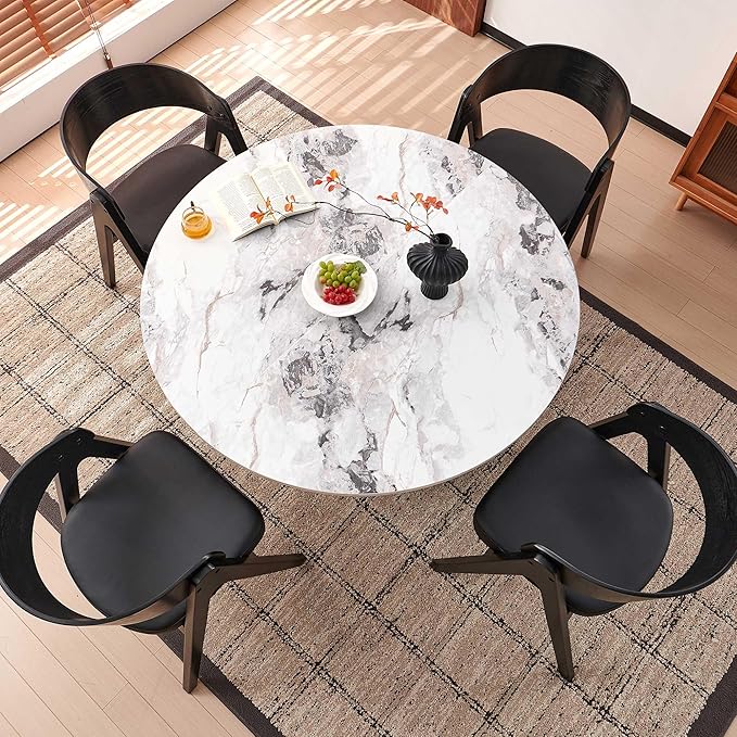 Howtek 47″ Round Dining Table Set for 4-6 People, 5 Piece Modern Kitchen Table with Faux White Marble Wood Grain Finish & 4 PU Leather Upholstered Dining Chairs（Curved Backrest & Solid Wood Legs ）