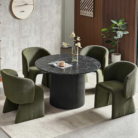 NORDICANA 5-Piece Round Dining Table Set for 4, Modern 47-Inch Kitchen Table and Chair Set, Dining Set with Dark Green Upholstered Armchairs, Manufactured Wood Top with Black Marble Effect Finish