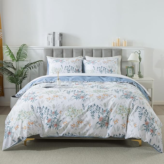 HoneiLife Floral Duvet Cover Queen - 100% Cotton Comforter Cover, Botanical Bedlinen Set with Zipper Closure & Corner Ties, 3-pcs Wildflower Comforter Cover Sets