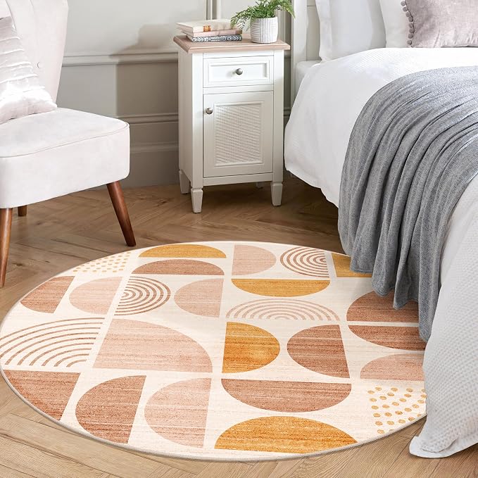 MUJOO Round Rug 4ft,Small Circle Area Rug Washable,Circular Rugs for Entryway Bedroom Kitchen,Boho Non Slip Throw Floor Carpet Modern Abstract Bohemian Orange