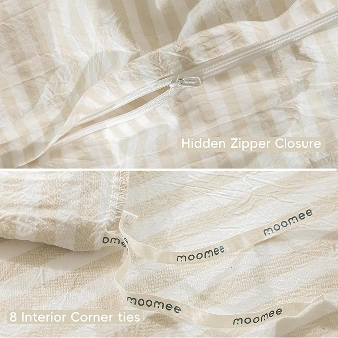 MooMee Striped Duvet Cover Set 100% Washed Cotton Linen Like Textured Breathable Durable Soft Comfy (Almond Milk Grey Classic Stripes, Oversized Queen 98"x98")