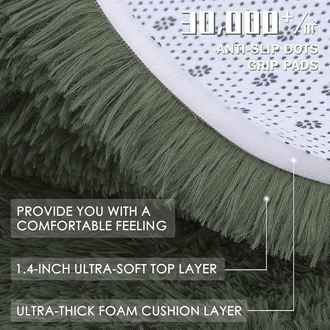 OLANLY Olive Green Round Rugs for Bedroom - Machine Washable, 2 ft Circle Area Rugs for Living Room, Soft and Fluffy Shaggy Carpet for Teen Girl and Boys, Nursery Rooms, Dorms, Home Decor Aesthetic