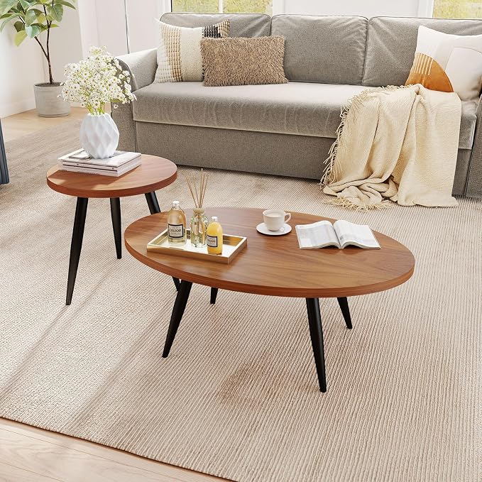 2-Piece Nesting Coffee Table Set, Oval & Round Mid-Century Modern Side Tables with MDF Tabletop & Metal Tapered Legs, Accent Table Set for Living Room, Small Spaces, Walnut