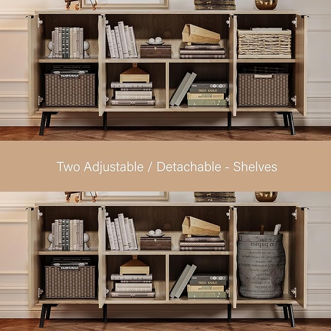 62'' Diamond Flute Sideboard Buffet Cabinet, Diamond Shaped Relief Storage Cabinet with Adjustable Shelves, Accent for Living Room, Entryway,Hallway (Cream Yellow Wood Grain)