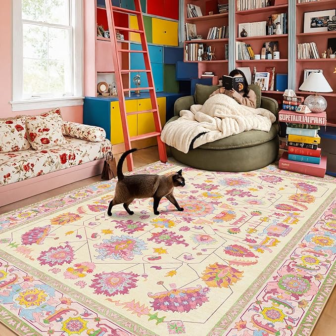 Kokia 8x10 Area Rugs Living Room Washable Non Slip Low Pile Vintage Ivory Pink Stain Resistant Soft Large Oriental Rugs for Bedroom, Dining Room, Kitchen, Indoor Leisure Rooms, Nova Vanillaa