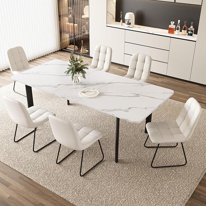Extendable Dining Table Set for 6-8 People, 63 to 78.7 Inch MDF Kitchen Table with 6 Upholstered Chairs, Space-Saving for Dining Room, Breakfast Nook(White Table & 6 U-Shaped White Chairs)
