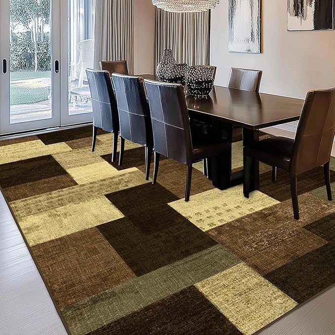 Modern Geometric Patchwork Indoor Area Rug for Living Room, Warm Taupe 9x12 Large Rug Rockwood Collection Hardwood Floors Decor for Bedroom, Taupe Throw Carpet for Office Entryway Dining Room