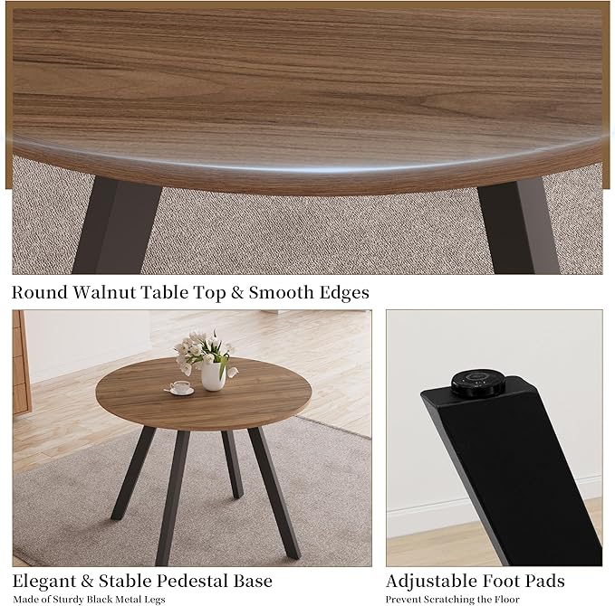 34.6'' Round Dining Table Mid Century Modern Small Round Coffee Table, Saving Space (Walnut Table)