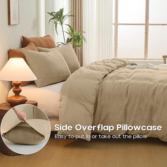 Simple&Opulence Linen Muslin Duvet Cover Set King Size, 3Pcs Camel Linen Cotton 3-Layer Gauze Minimalist Comforter Cover 104”x92”, Ultra Soft Breathable Seersucker Bedding Set with 2 Pillowcases