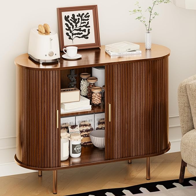 DHH Sideboard Buffet Cabinet with Storage,Mid Century Modern Fluted Accent Coffee Bar Console Table,Tambour Sliding Doors& Adjustable Shelf for Kitchen, Living Room, Entryway(Walnut, 40Inch)