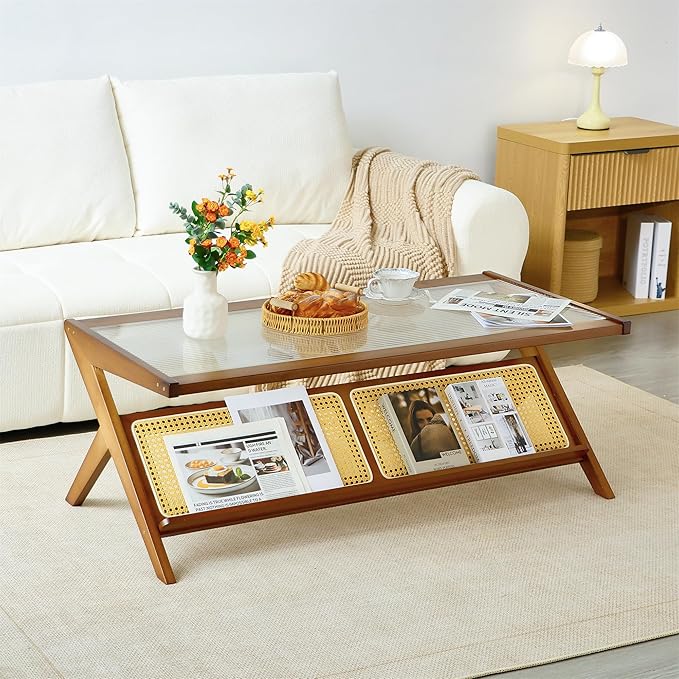 Bamboo Coffee Table, Accent Rattan Coffee Table with Glass Top, Mid-Century Wooden Center Tables, Modern Sofa Side Tea Tables with Storage for Living Room, Walnut